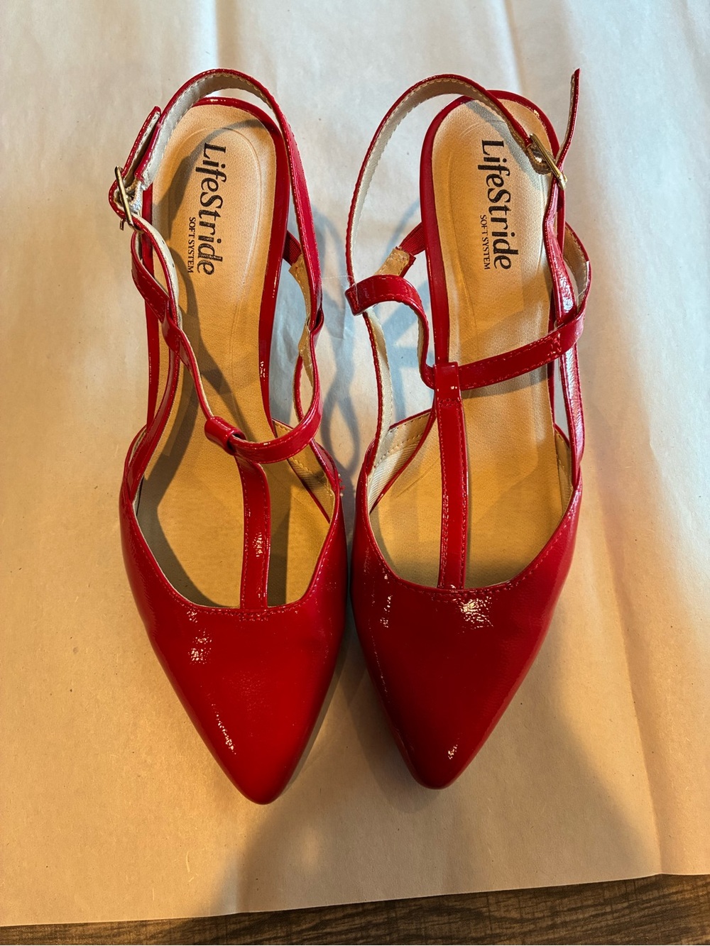 Life Stride Red Patent T-Strap Pointed Sling Heels with Buckle